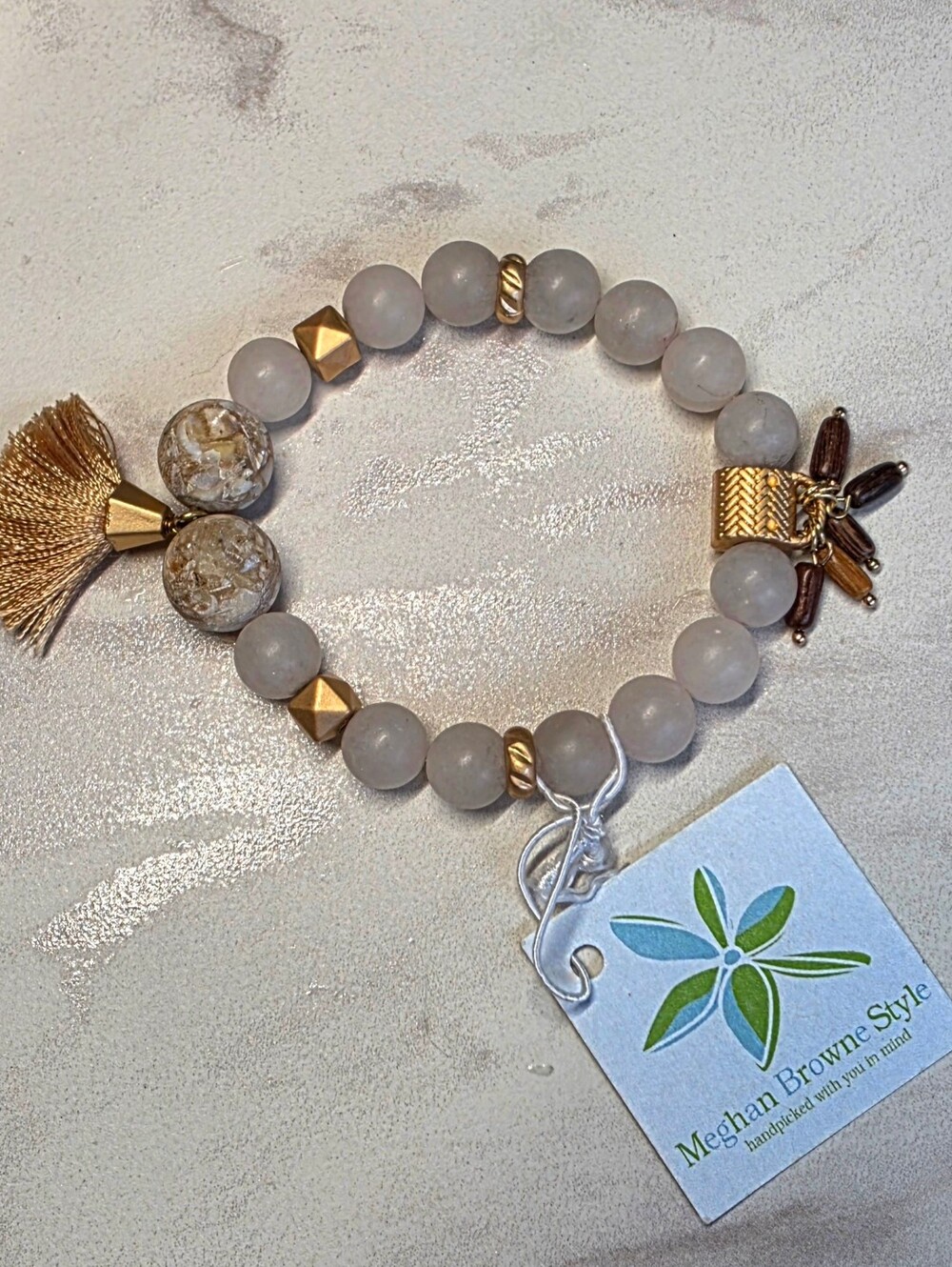 Meghan Browne Style Beaded Bracelet Gold Tassel Wood Charm Quartz Stone Boho NWT